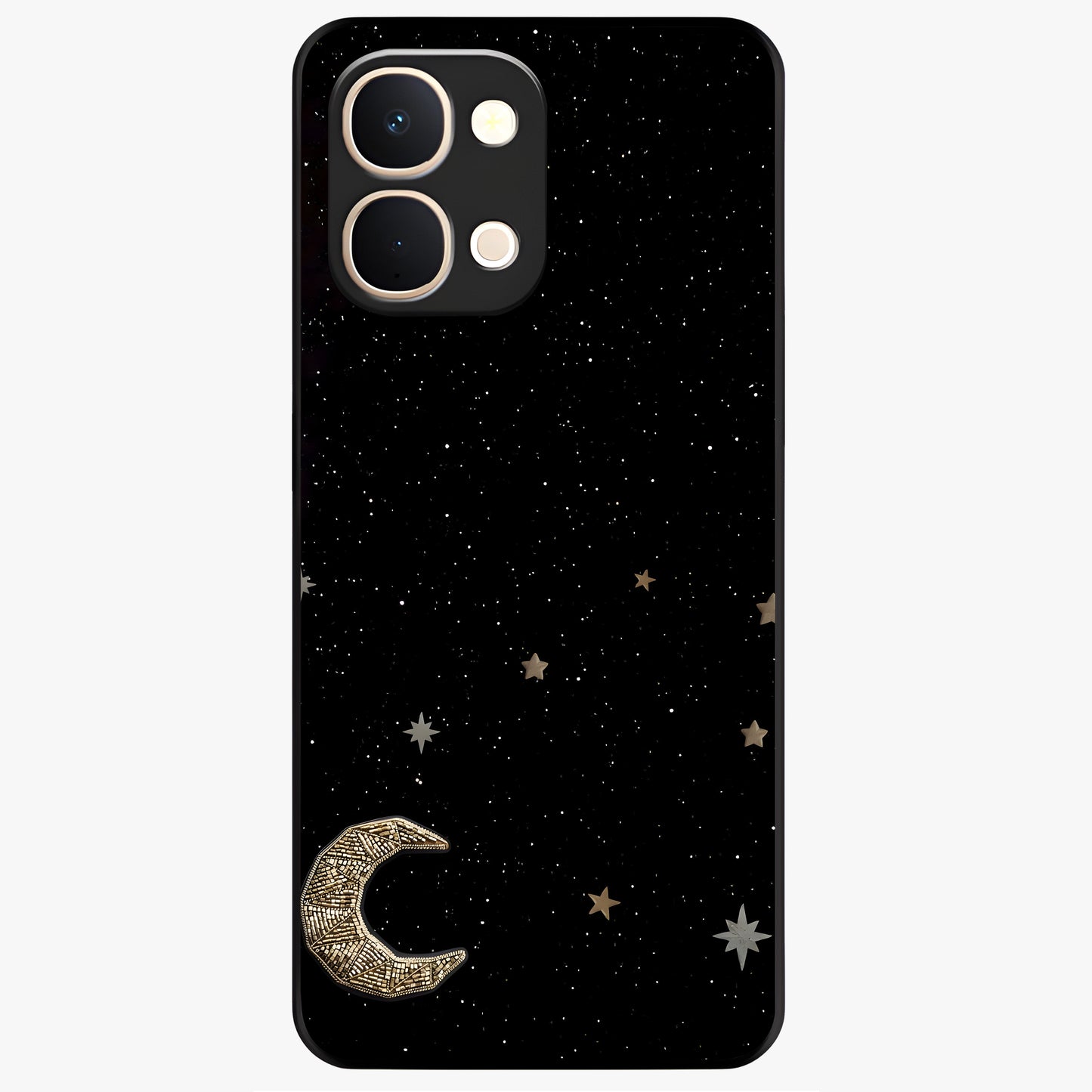 Twinkle Star With Half Moon Glass Case showing flat back view with star and half moon artwork and glossy glass finish.