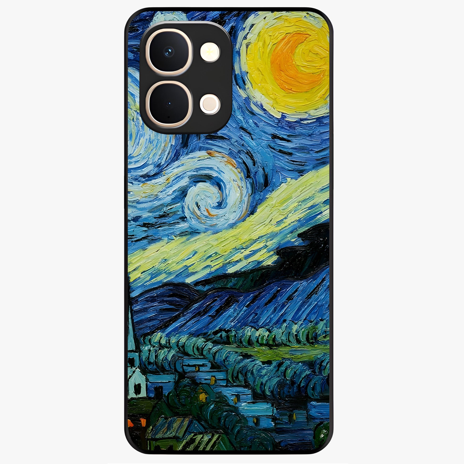 Van Gogh Art Glass Case showing flat back view with classic painterly artwork inspired by Van Gogh style and glossy glass finish.