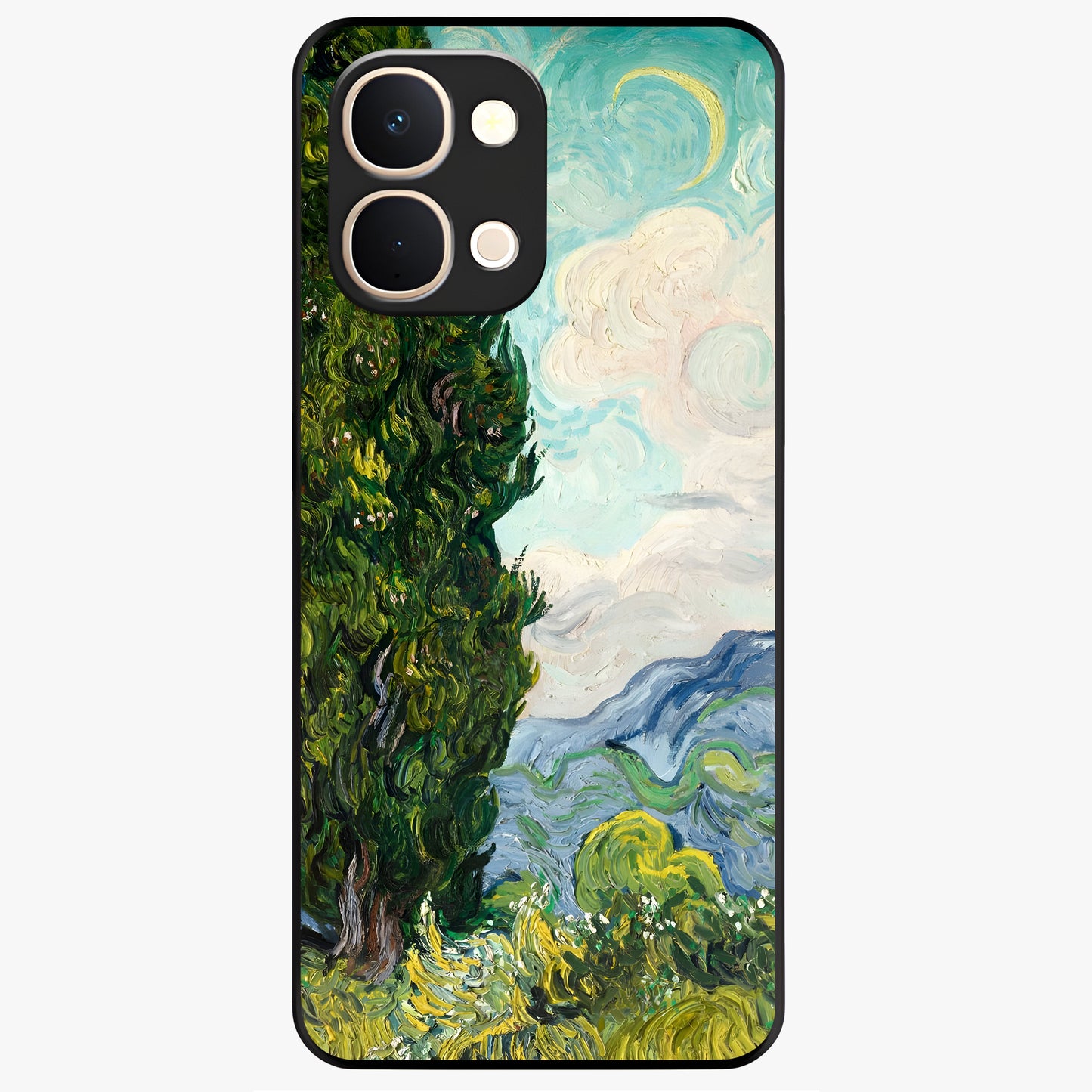 Van Gogh Vintage Art Glass Case showing flat back view with vintage painterly artwork inspired by Van Gogh style and glossy glass finish.