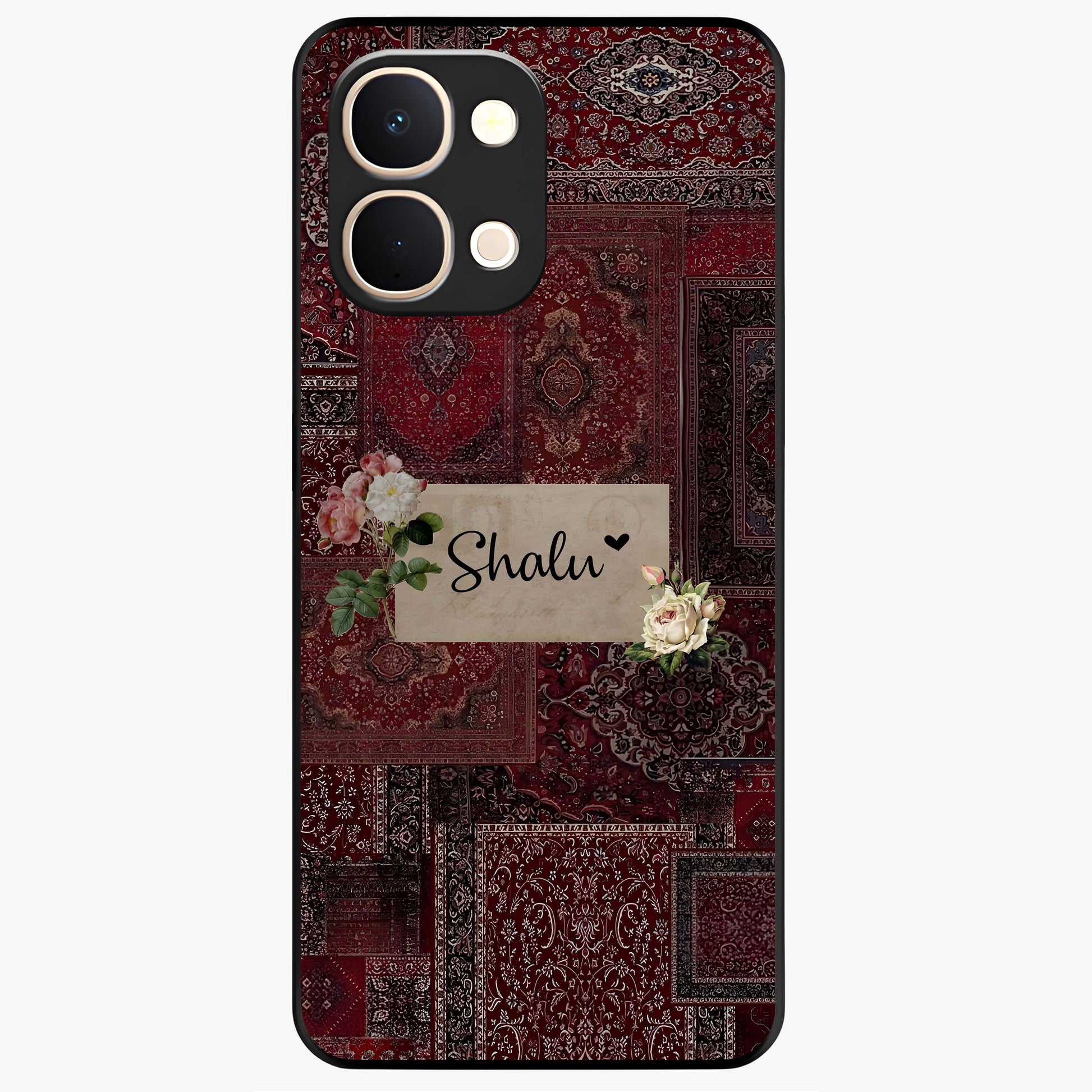 Velvet Wine Pattern Custom Name Glass Case showing flat back view with elegant wine colored pattern artwork and personalized name design.