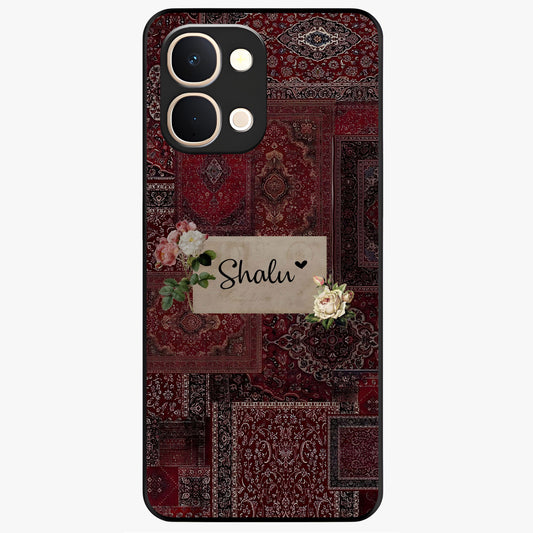 Velvet Wine Pattern Custom Name Glass Case showing flat back view with elegant wine colored pattern artwork and personalized name design.