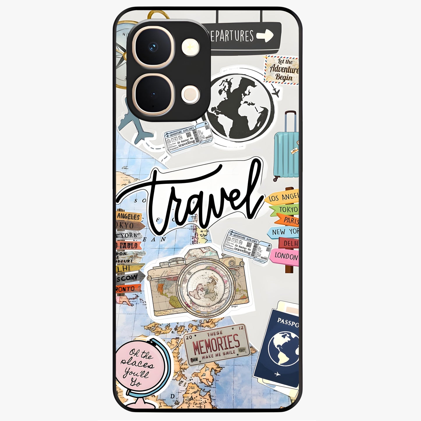 Wanderlust Journal Glass Case showing flat back view with travel inspired artwork and glossy glass finish.