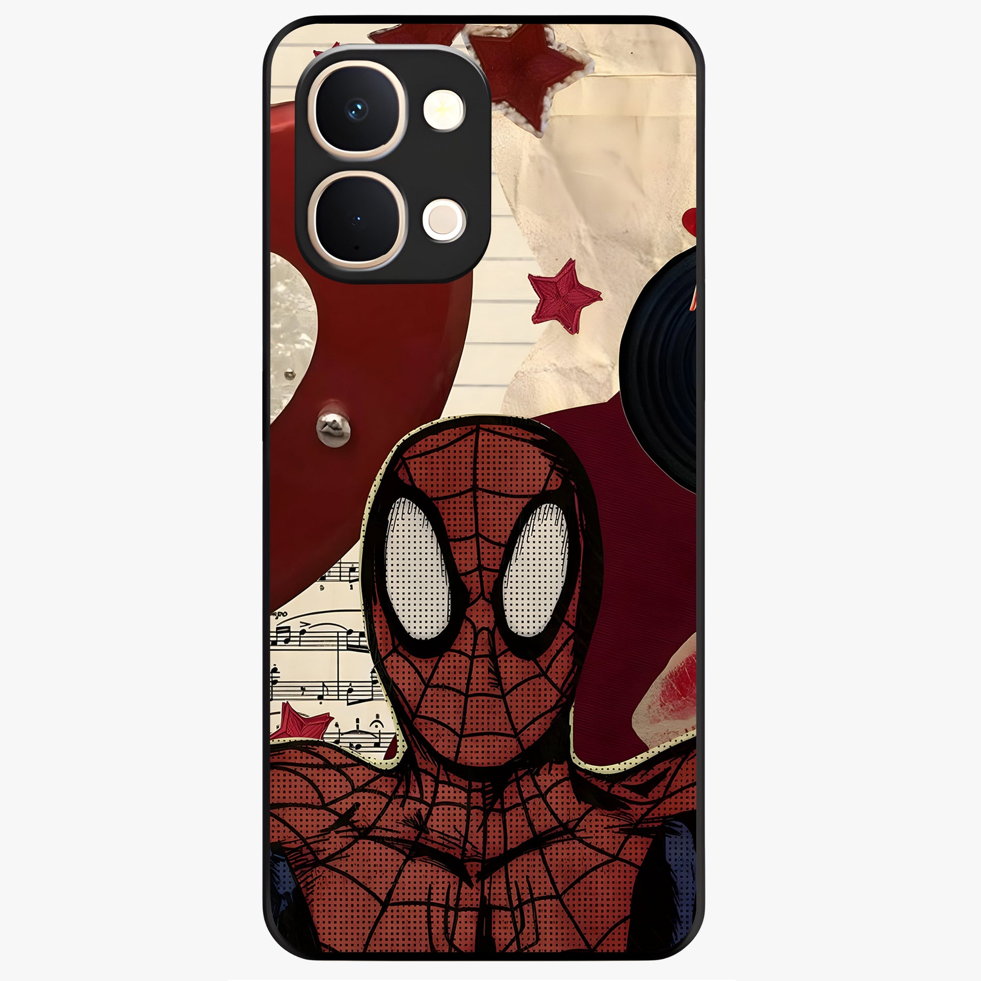Web Warrior Vibes Glass Case showing flat back view with superhero inspired web themed artwork and glossy glass finish.