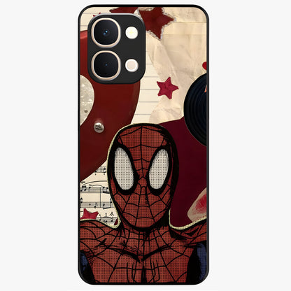 Web Warrior Vibes Glass Case showing flat back view with superhero inspired web themed artwork and glossy glass finish.