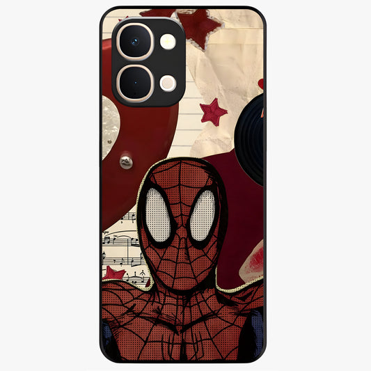 Web Warrior Vibes Glass Case showing flat back view with superhero inspired web themed artwork and glossy glass finish.