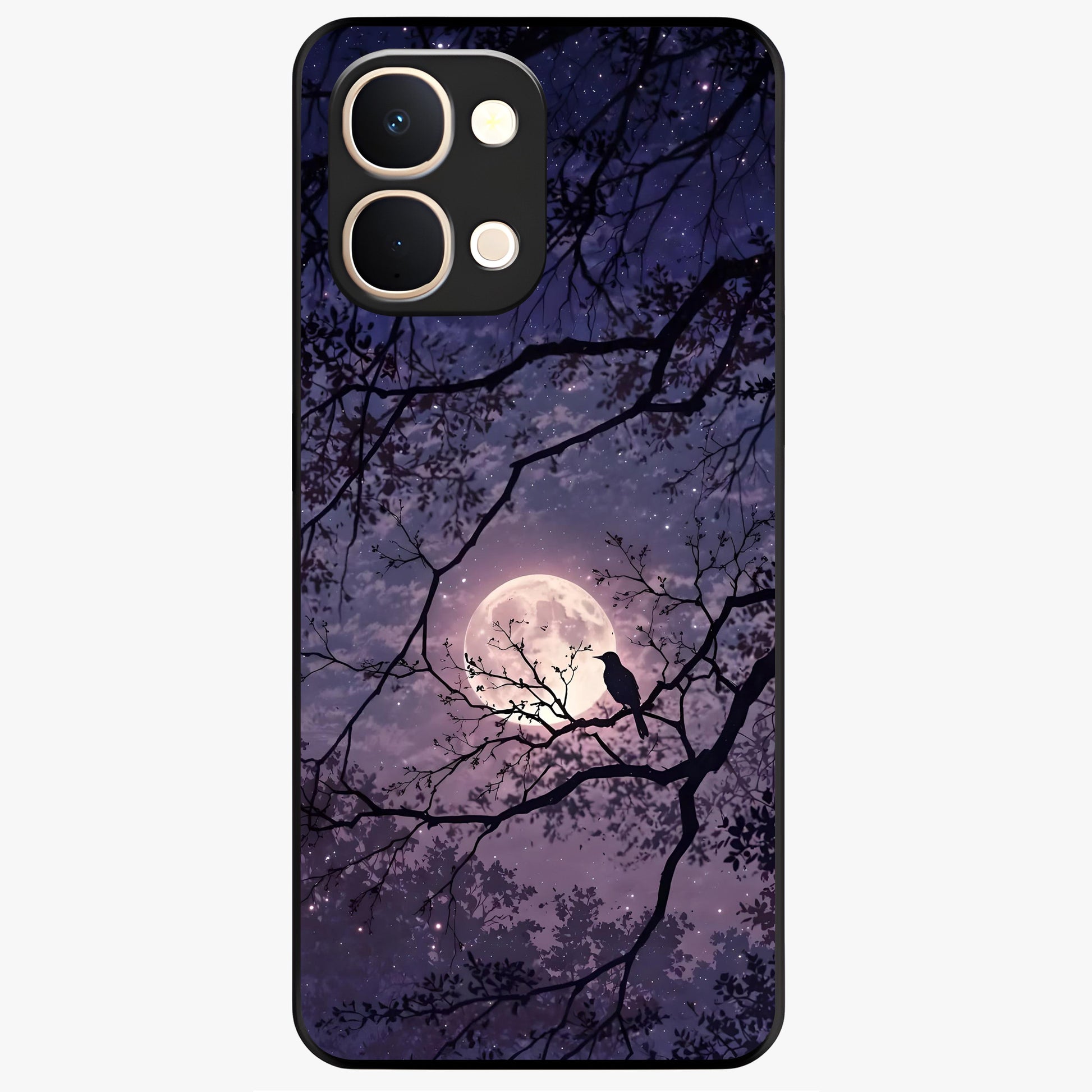 Whispering Moon Silence Glass Case showing flat back view with serene moon themed artwork and glossy glass finish.