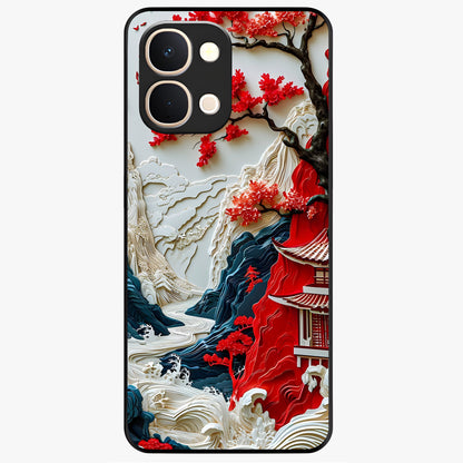 Whispers Of Sakura Waves Glass Case showing flat back view with cherry blossom wave artwork and glossy glass finish.