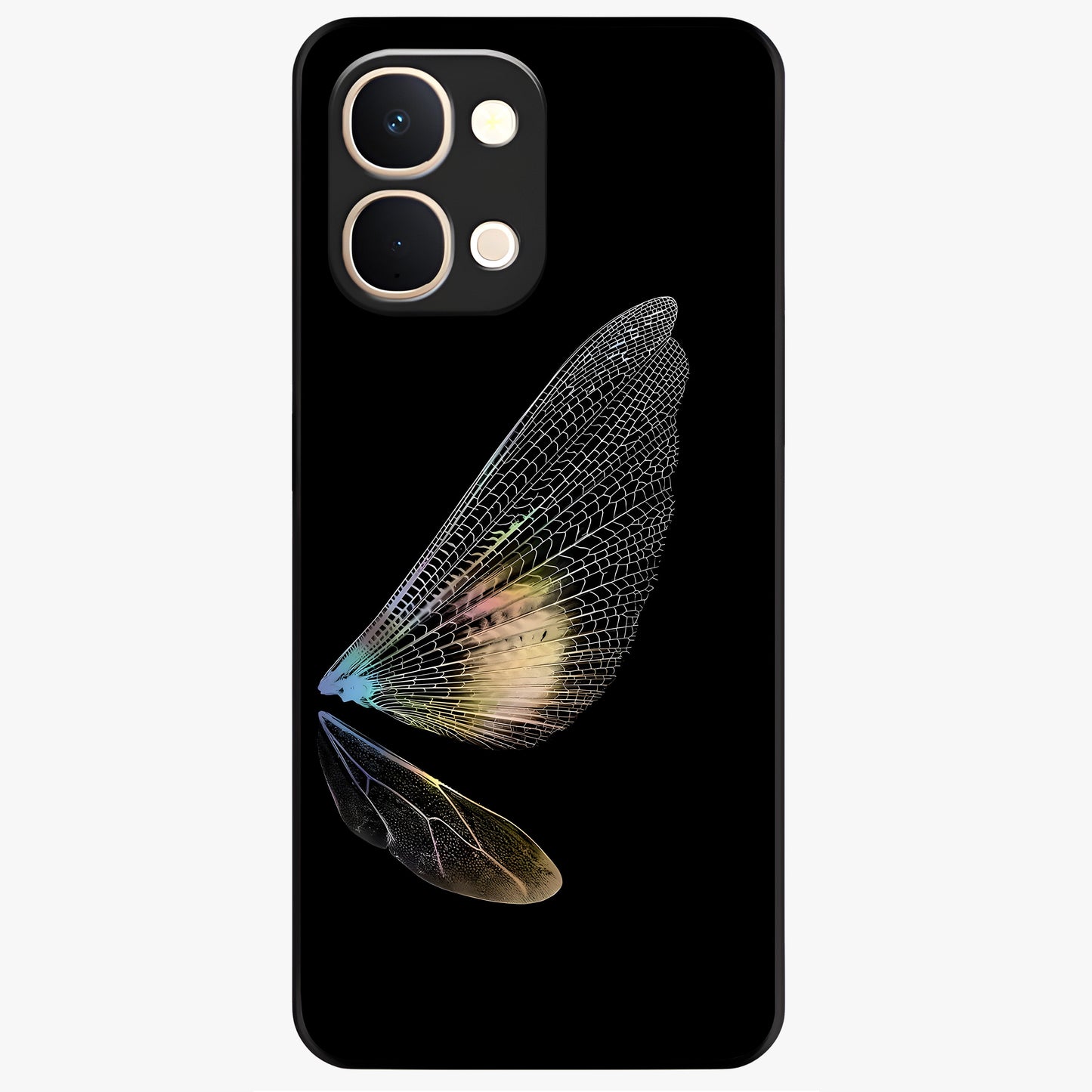 Whispers Of Wings Glass Case showing flat back view with graceful wing inspired artwork and glossy glass finish.