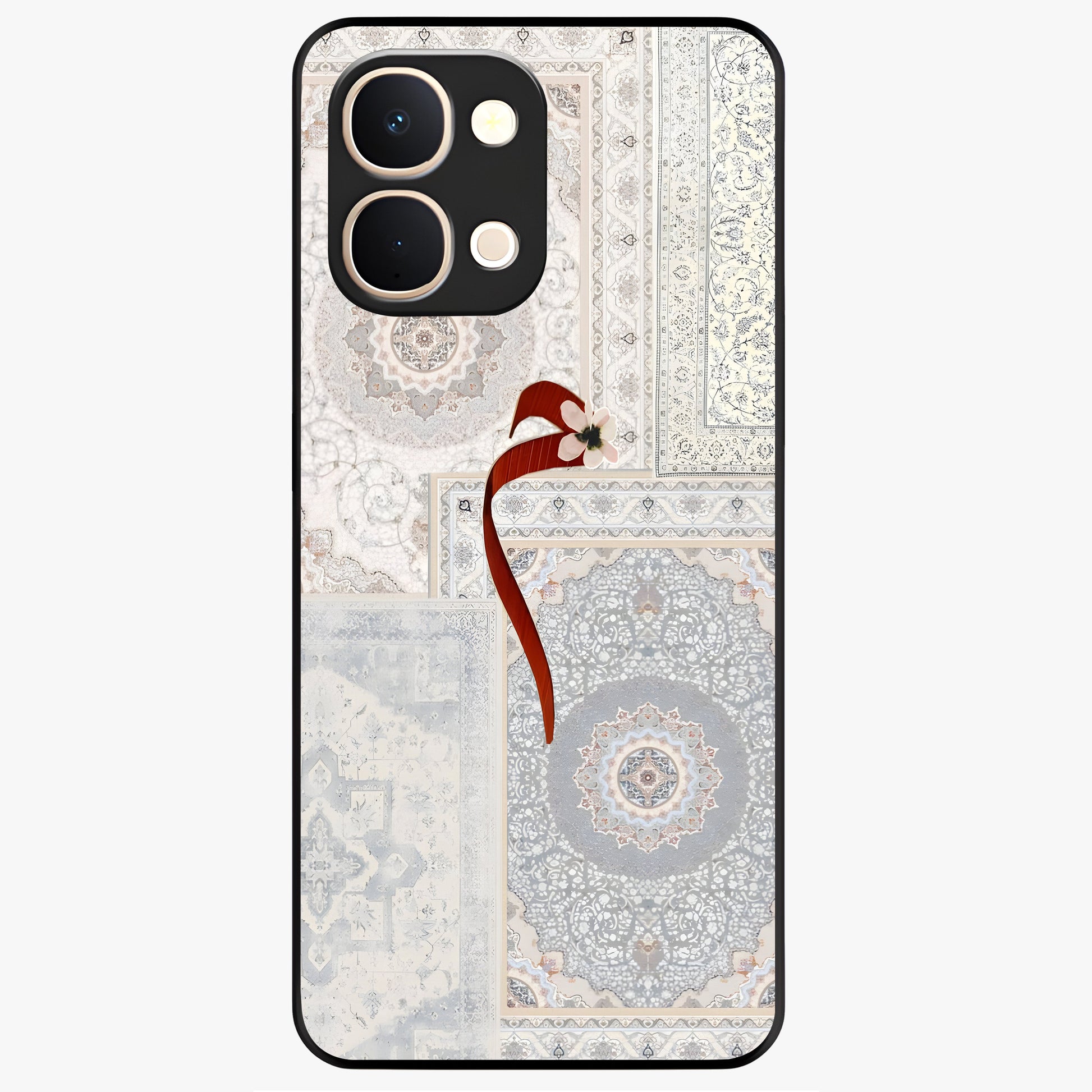 White Aesthetic Bow Glass Case showing flat back view with minimal bow artwork and glossy glass finish.