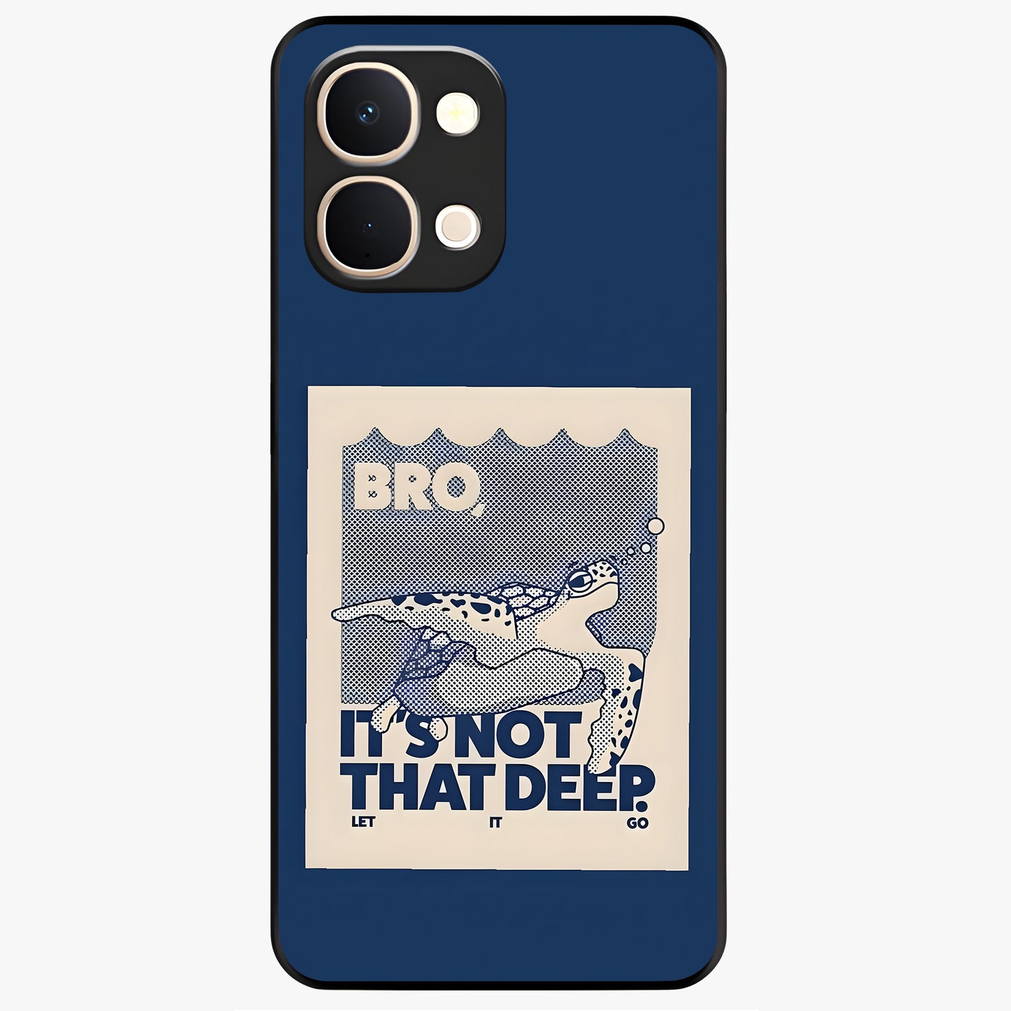 Worry Less Swim Glass Case showing flat back view with playful motivational artwork and glossy glass finish.