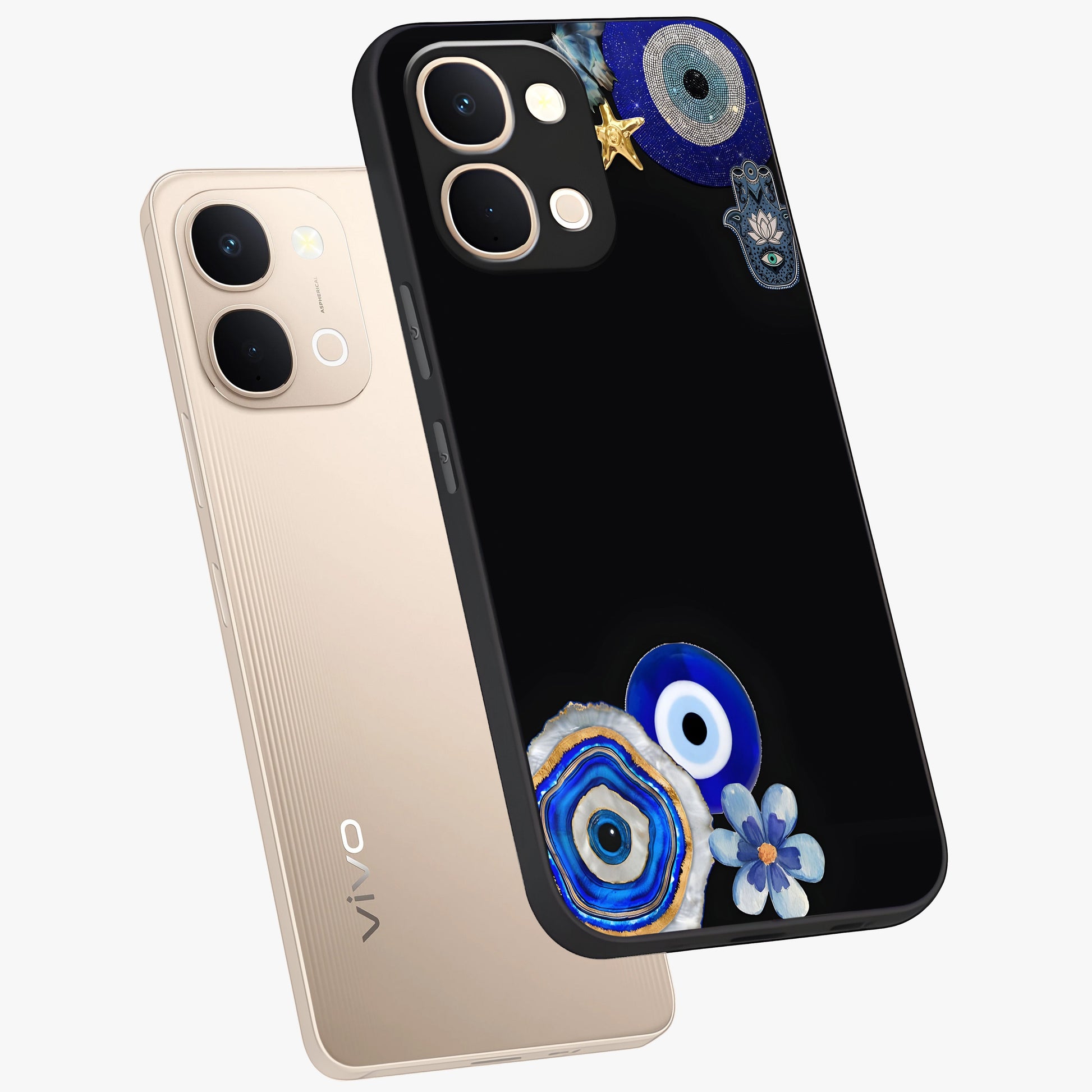 Aesthetic Blue Evil Eye Glass Case displayed in angled mockup highlighting blue evil eye symbol and spiritual aesthetic design.