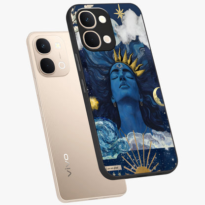 Aesthetic Lord Shiva Glass Case displayed in angled mockup highlighting spiritual Shiva illustration and sacred aesthetic design.