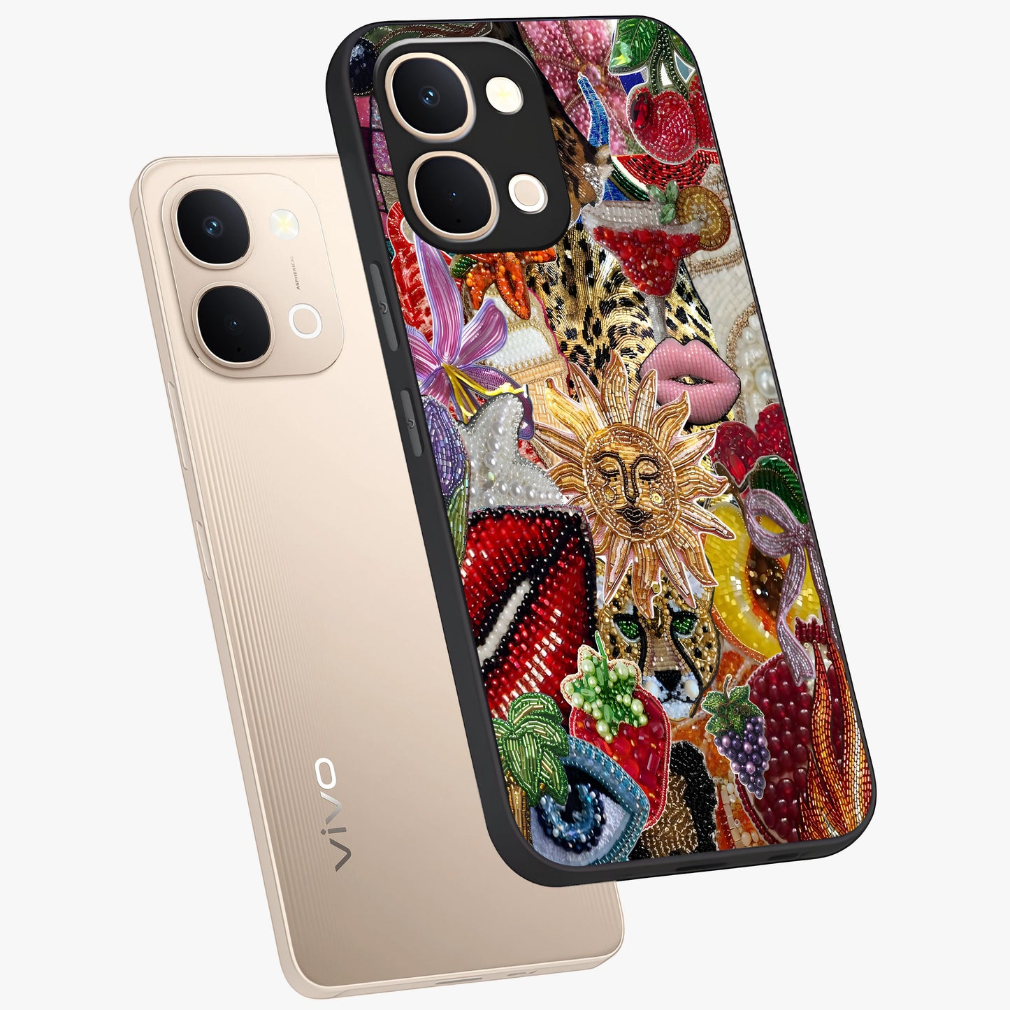 Beaded Fashion Jungle Glass Case displayed in angled mockup highlighting colorful fashion bead design and artistic pattern.