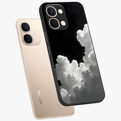 Black Background With White Cloud Glass Case displayed in angled mockup highlighting soft white cloud illustration and minimal design.