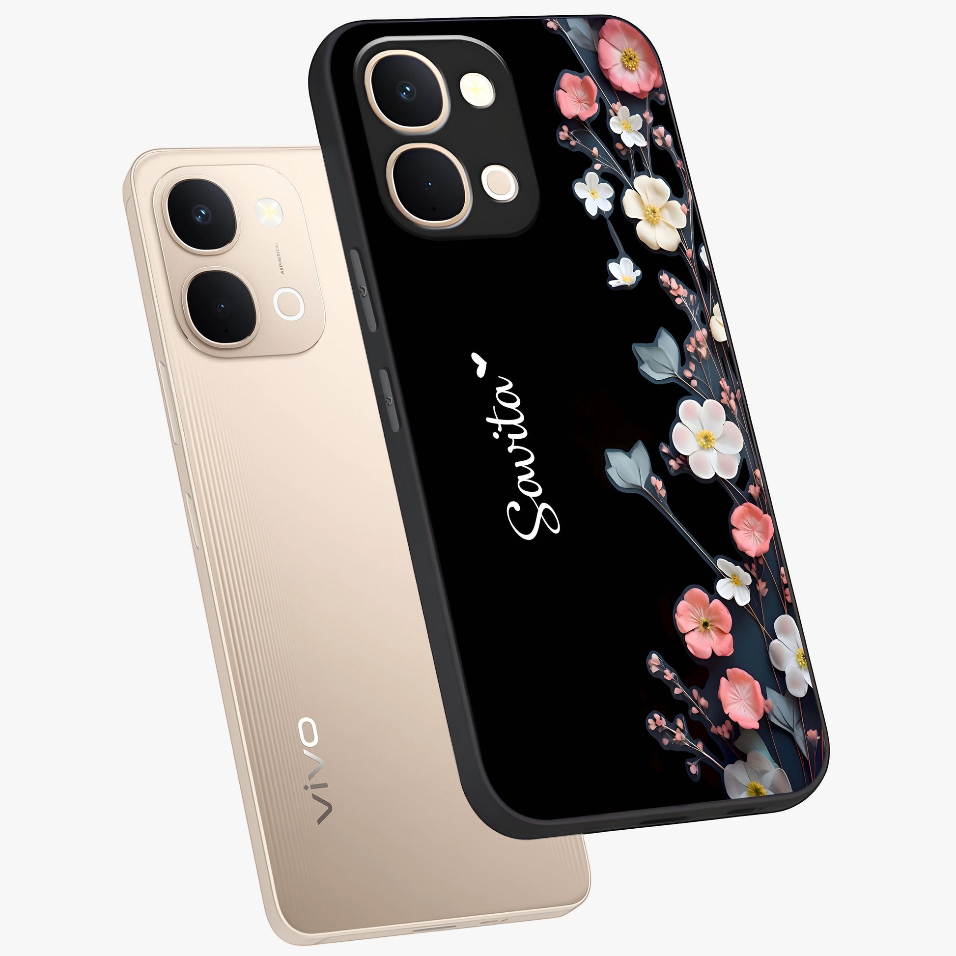 Black Elegance Floral Custom Name Glass Case displayed in angled mockup highlighting dark floral aesthetic and custom name feature.