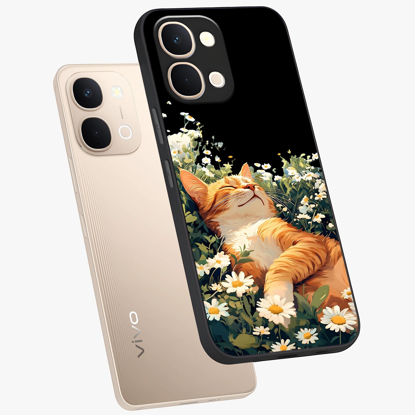 Blissful Bloom Cat Glass Case displayed in angled mockup highlighting playful feline illustration with soft floral aesthetic.