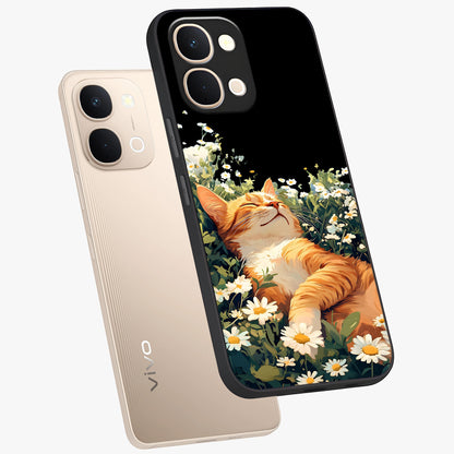 Blissful Bloom Cat Glass Case displayed in angled mockup highlighting playful feline illustration with soft floral aesthetic.