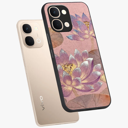 Blossom Mist Lotus Glass Case displayed in angled mockup highlighting delicate lotus illustration with calm aesthetic theme.