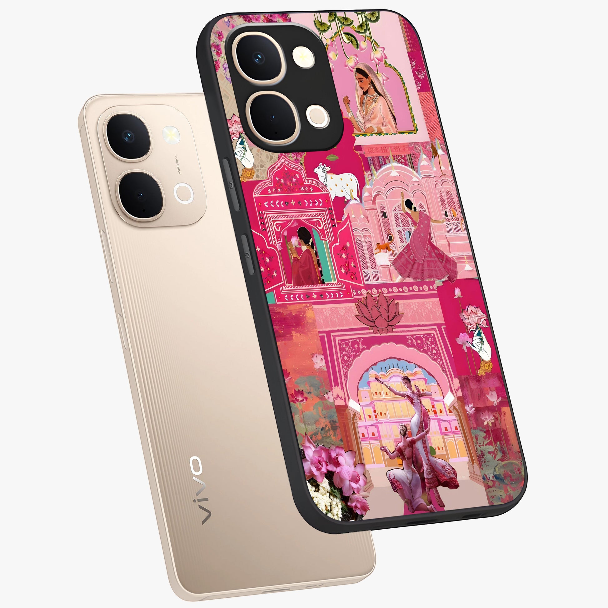 Blossoms of Rajasthan Glass Case displayed in angled mockup highlighting vibrant floral pattern with cultural aesthetic style.