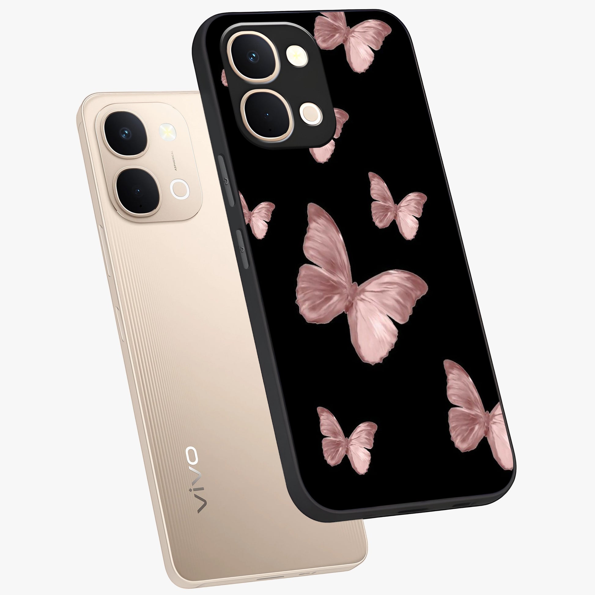 Butterfly Pattern Glass Case displayed in angled mockup highlighting delicate butterfly design and aesthetic pattern style.