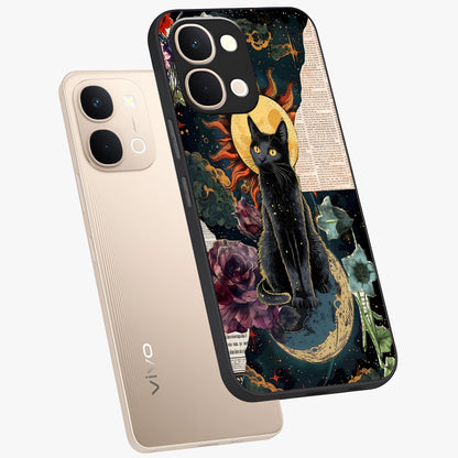 Celestial Black Cat Glass Case displayed in angled mockup highlighting cosmic black cat design with celestial aesthetic.