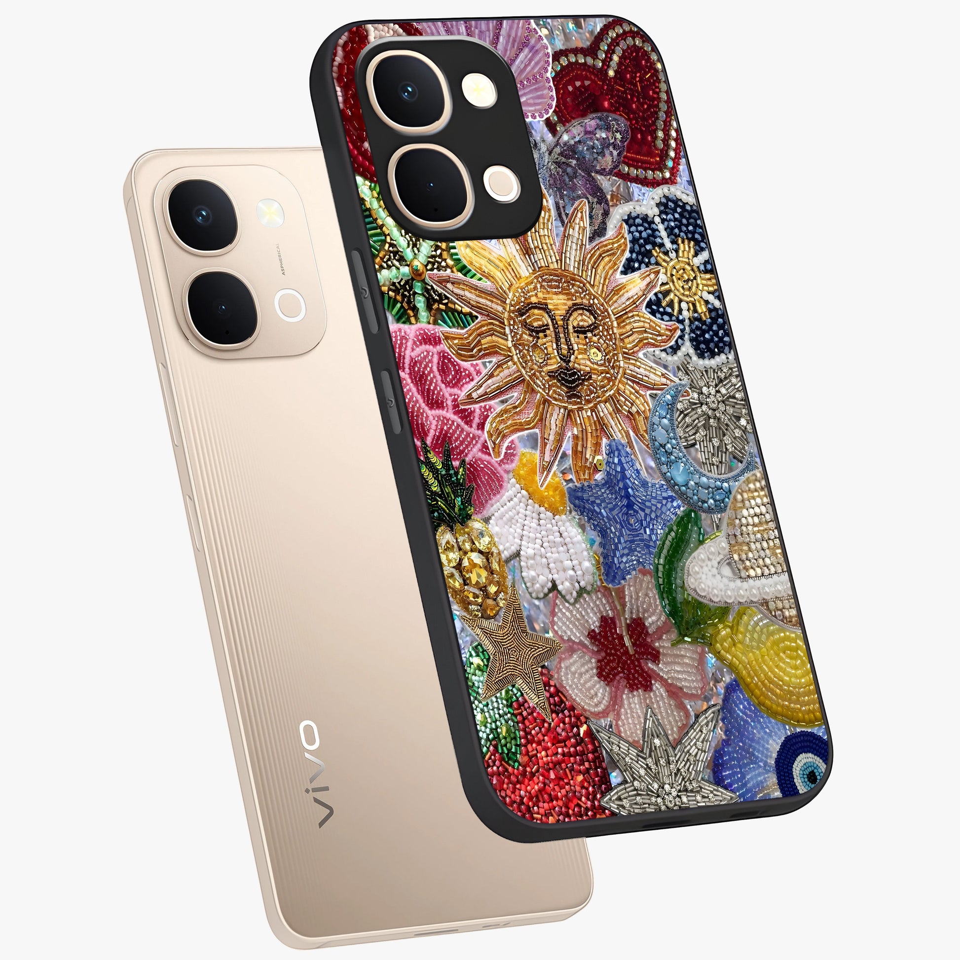 Celestial Floral and Playful Glass Case displayed in angled mockup highlighting playful floral design with dreamy celestial elements.