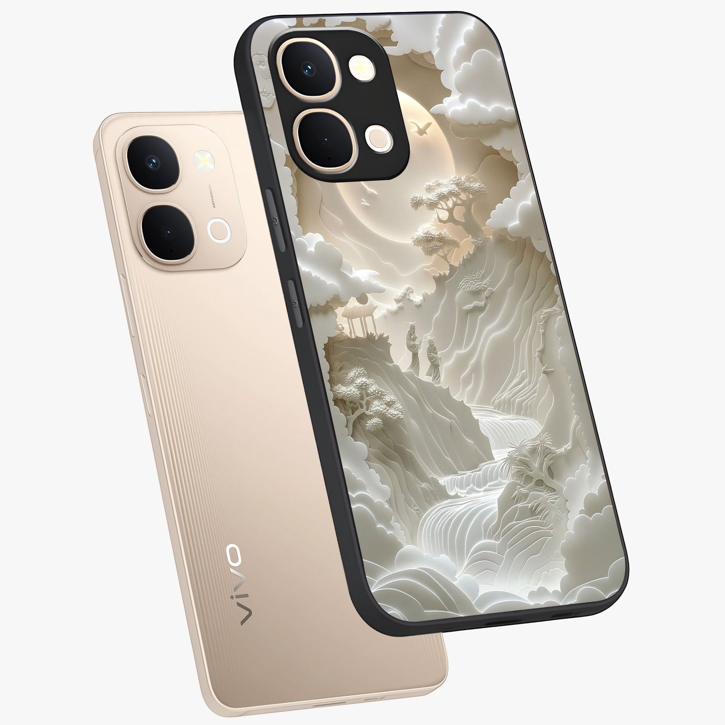 Celestial Origami Glass Case displayed in angled mockup highlighting geometric origami design with cosmic aesthetic theme.