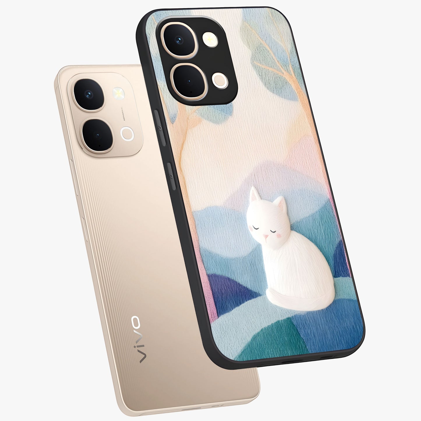 Cotton Dream Cat Glass Case displayed in angled mockup highlighting cute feline illustration with pastel aesthetic style.