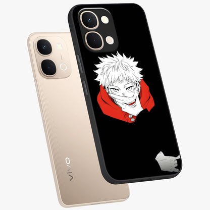 Crimson Chaos Smile Glass Case displayed in angled mockup highlighting edgy crimson smile design with graphic aesthetic.