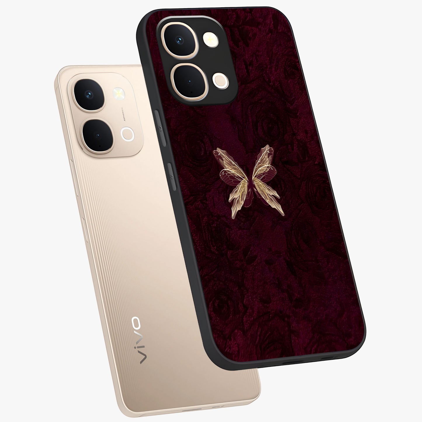 Crimson Fade Butterfly Glass Case displayed in angled mockup highlighting elegant butterfly design with crimson gradient aesthetic.