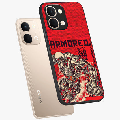 Crimson Mecha Titan Glass Case displayed in angled mockup highlighting futuristic mech illustration with bold crimson aesthetic.