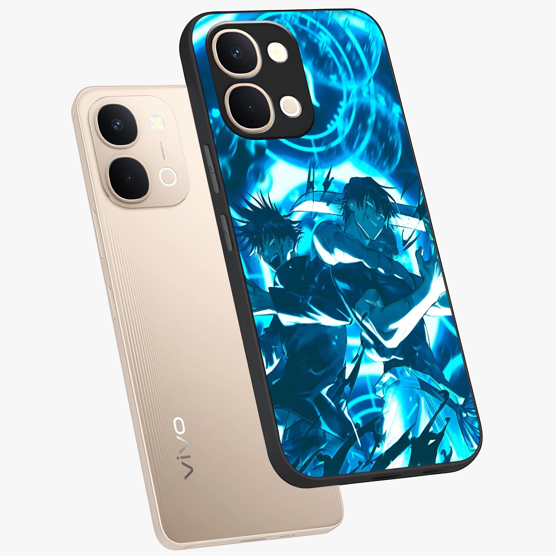 Cursed Energy Clash Glass Case displayed in angled mockup highlighting powerful battle inspired graphic with anime style aesthetic.
