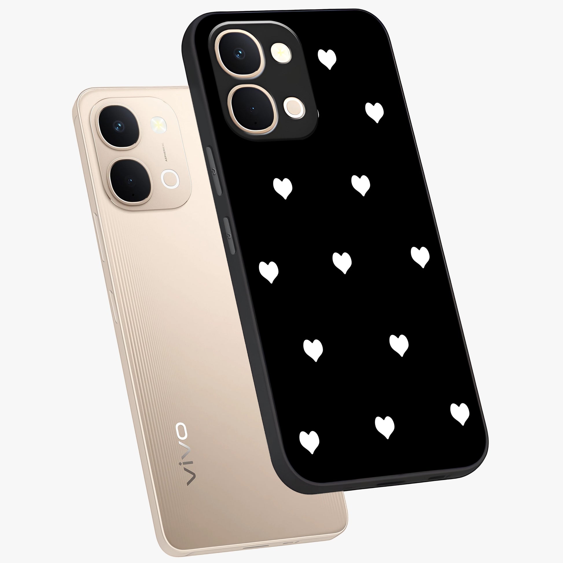 Cute And Simple White Hearts Glass Case displayed in angled mockup highlighting cute heart design with clean aesthetic style.