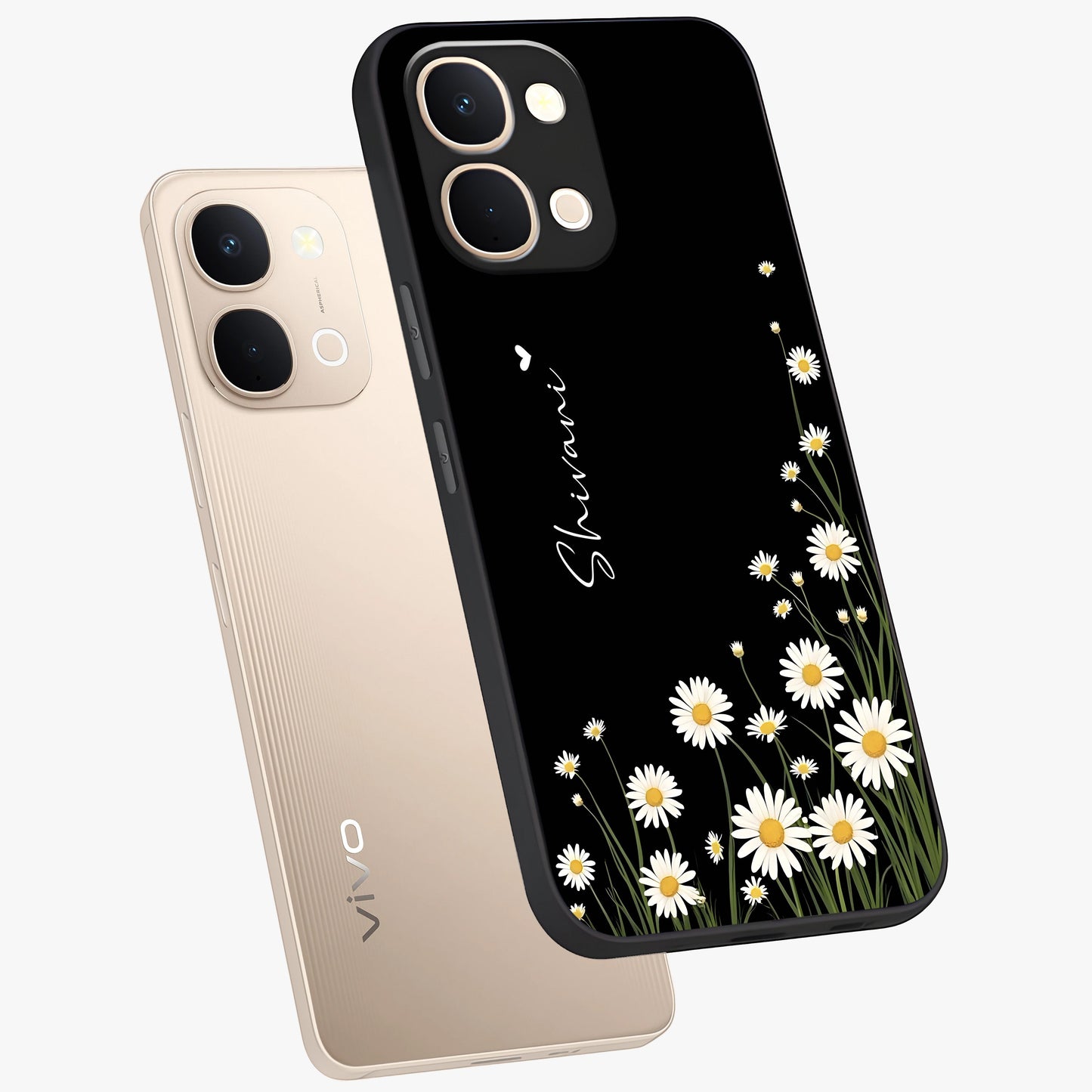 Daisy Cascade Custom Name Glass Case displayed in angled mockup highlighting delicate daisy artwork with custom name feature.