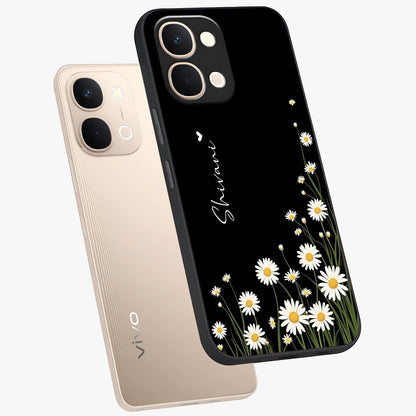 Daisy Cascade Custom Name Glass Case displayed in angled mockup highlighting delicate daisy artwork with custom name feature.
