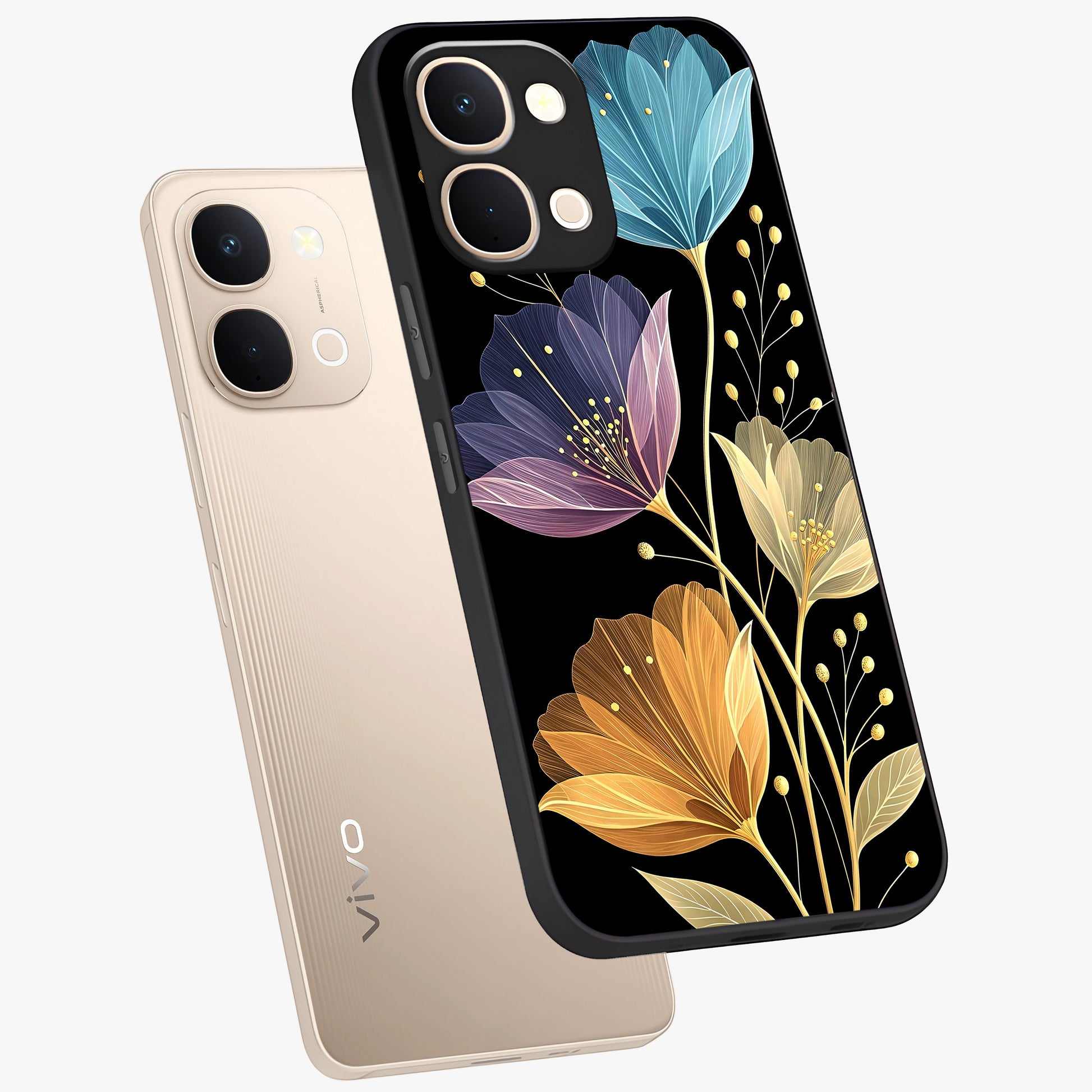 Delicate Multicolor Flowers Glass Case displayed in angled mockup highlighting colorful flower pattern with soft aesthetic style.