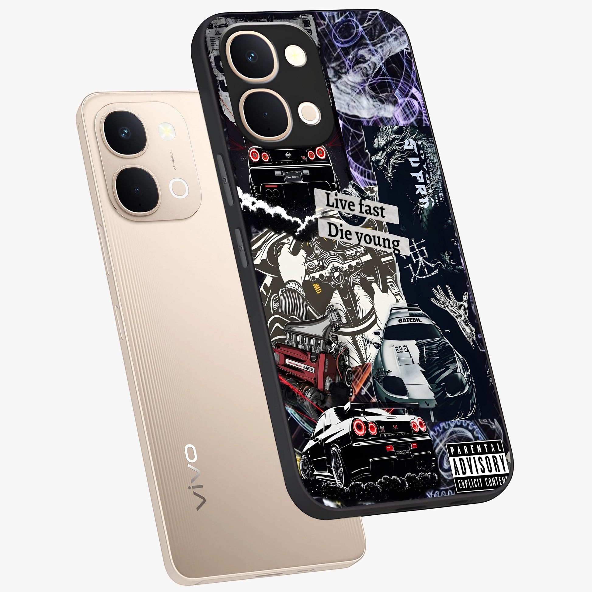 Die Young Glass Case displayed in angled mockup highlighting expressive graphic artwork with edgy aesthetic style.