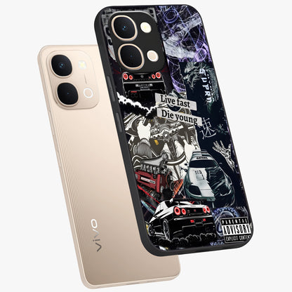 Die Young Glass Case displayed in angled mockup highlighting expressive graphic artwork with edgy aesthetic style.