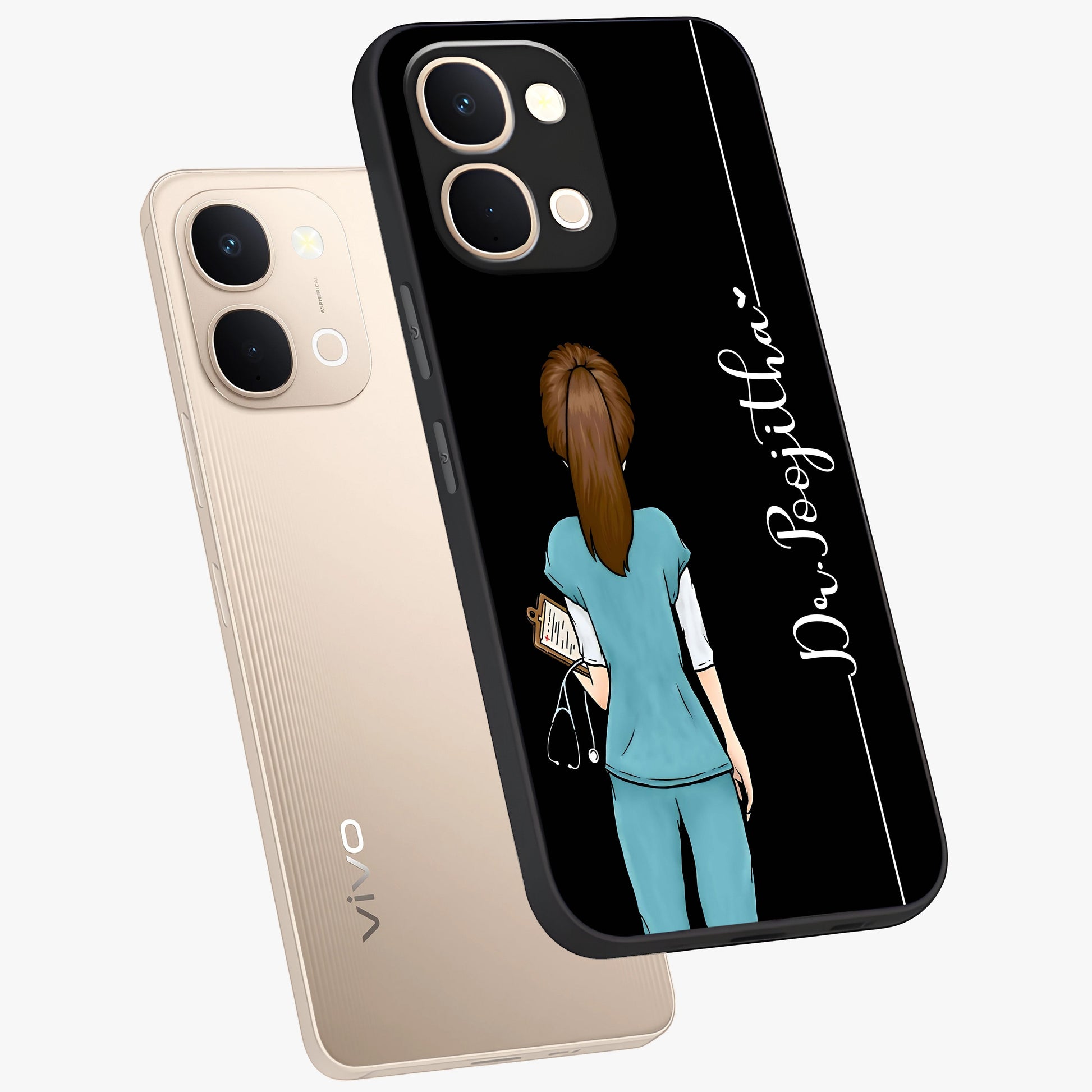 Doctor Pattern Custom Name Glass Case displayed in angled mockup highlighting doctor inspired artwork with custom name feature.