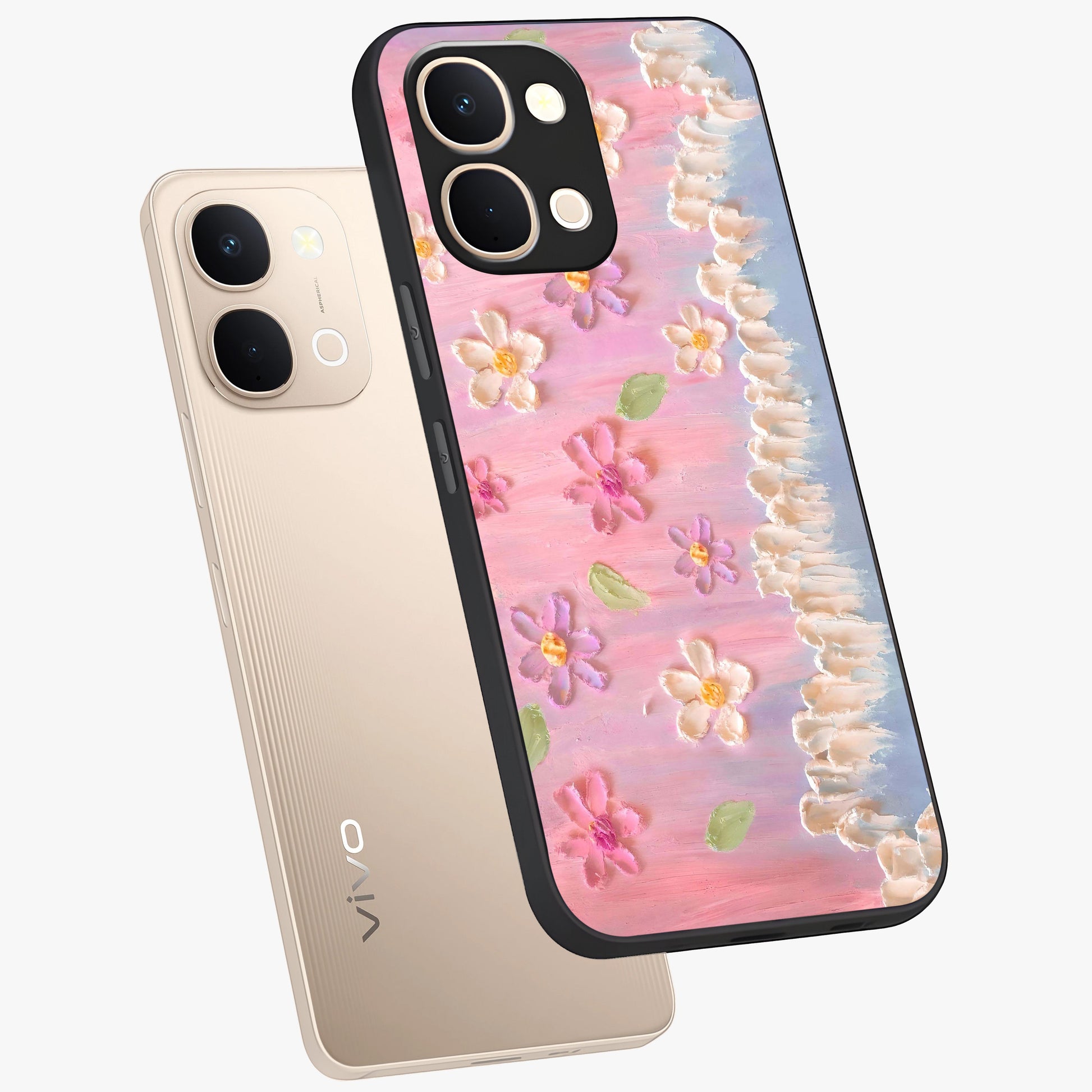 Dreamy Painted Garden Glass Case displayed in angled mockup highlighting colorful garden illustration with dreamy aesthetic style.