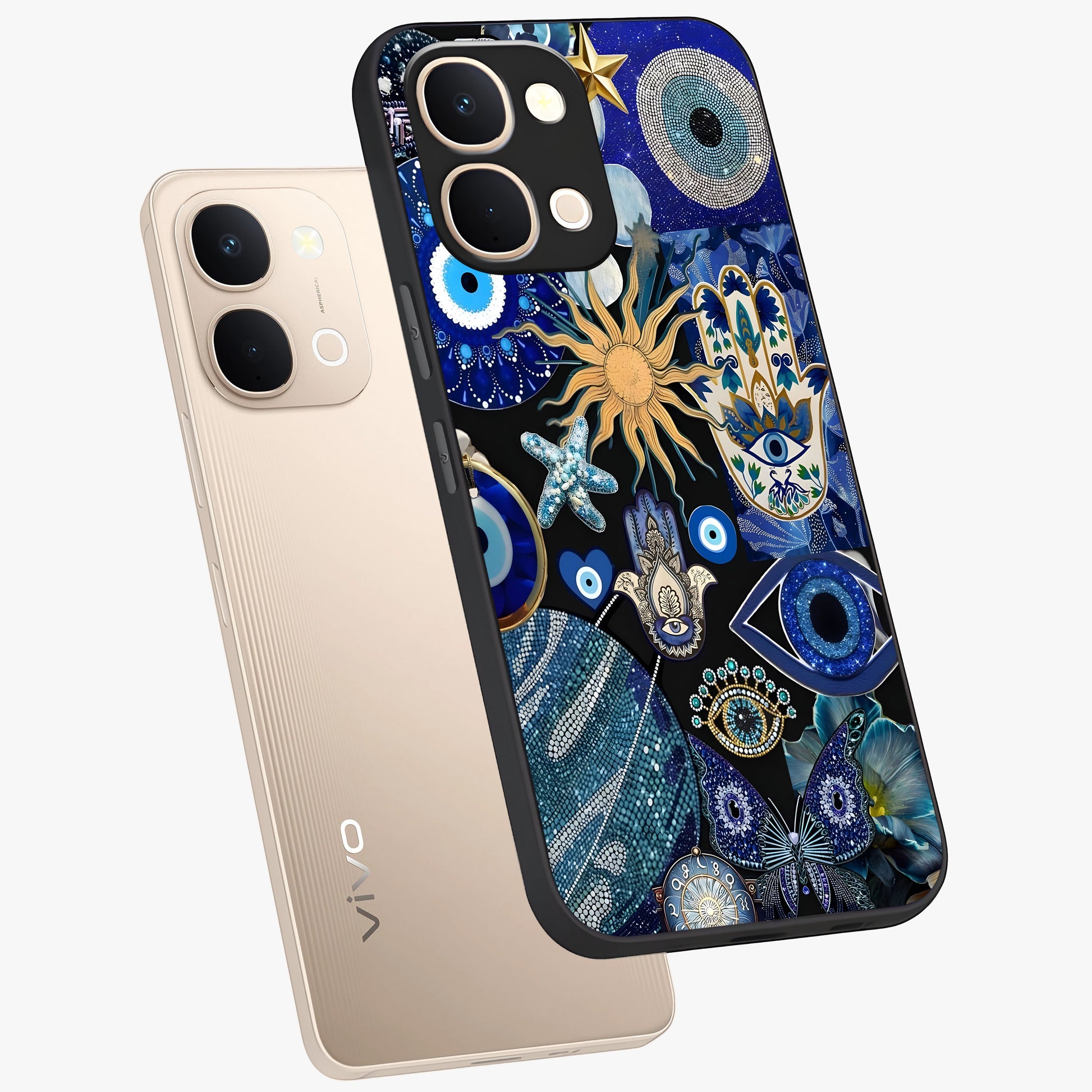 Evil Eye Charm Mix Glass Case displayed in angled mockup highlighting protective evil eye symbols with spiritual aesthetic design.