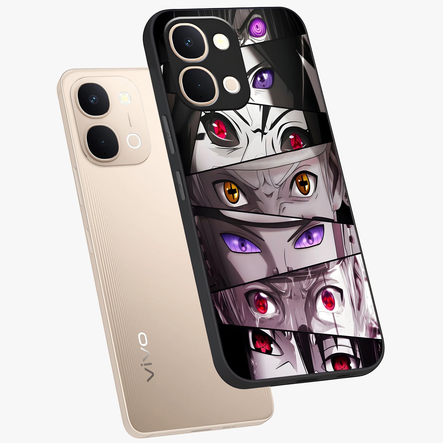 Eyes of Destiny Glass Case displayed in angled mockup highlighting bold eye illustration with mystical aesthetic style.