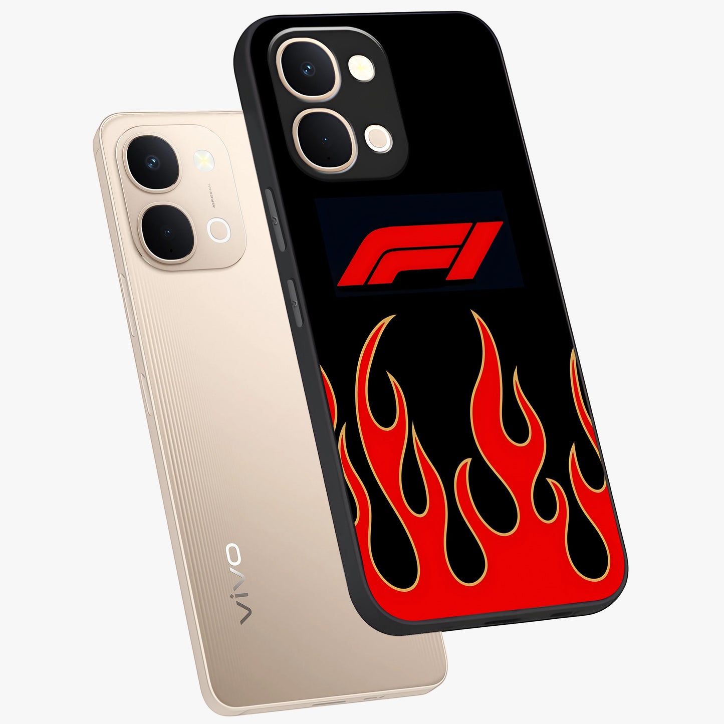 Fire F11 Glass Case displayed in angled mockup highlighting bold fire inspired graphic with energetic aesthetic style.