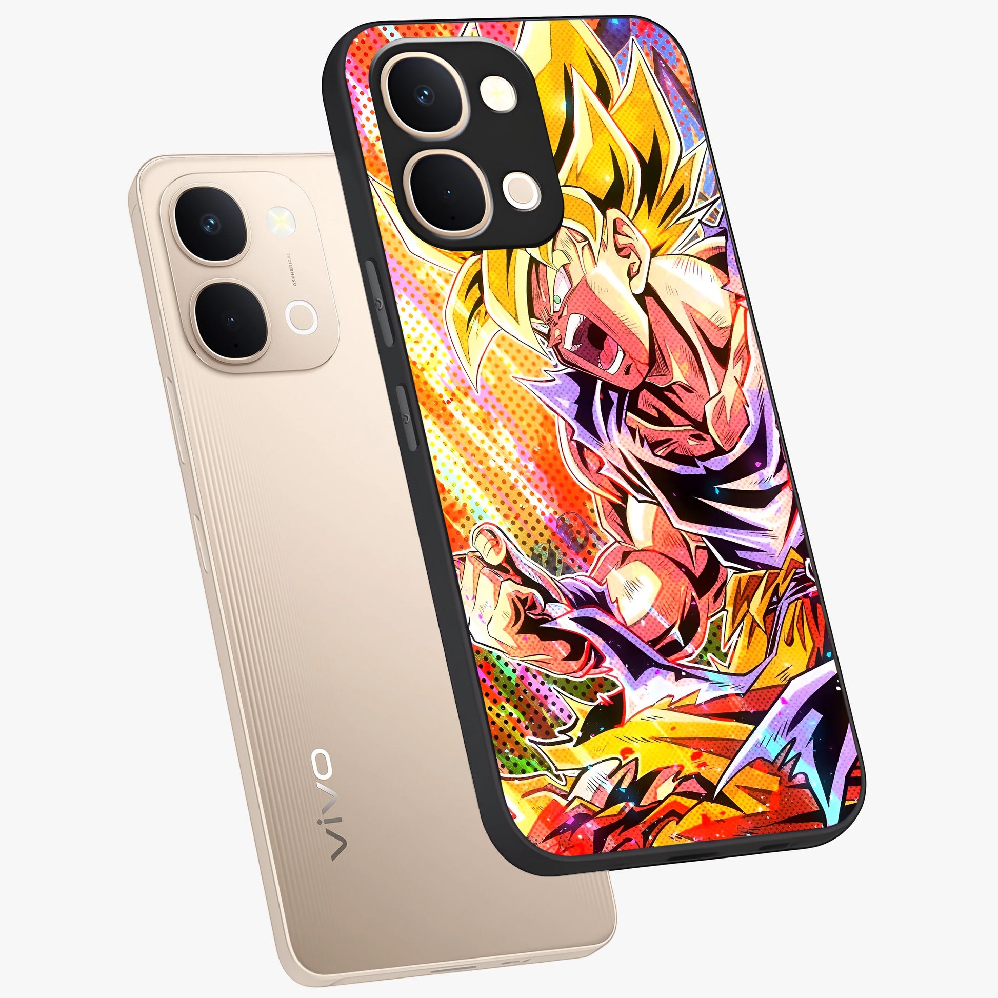 Firing Goku Glass Case displayed in angled mockup highlighting dynamic anime character design with action aesthetic.
