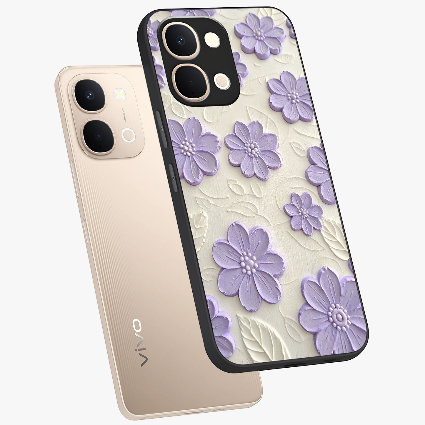 Floral Wall Art With Purple Flowers Glass Case displayed in angled mockup highlighting vibrant purple floral illustration with artistic aesthetic.