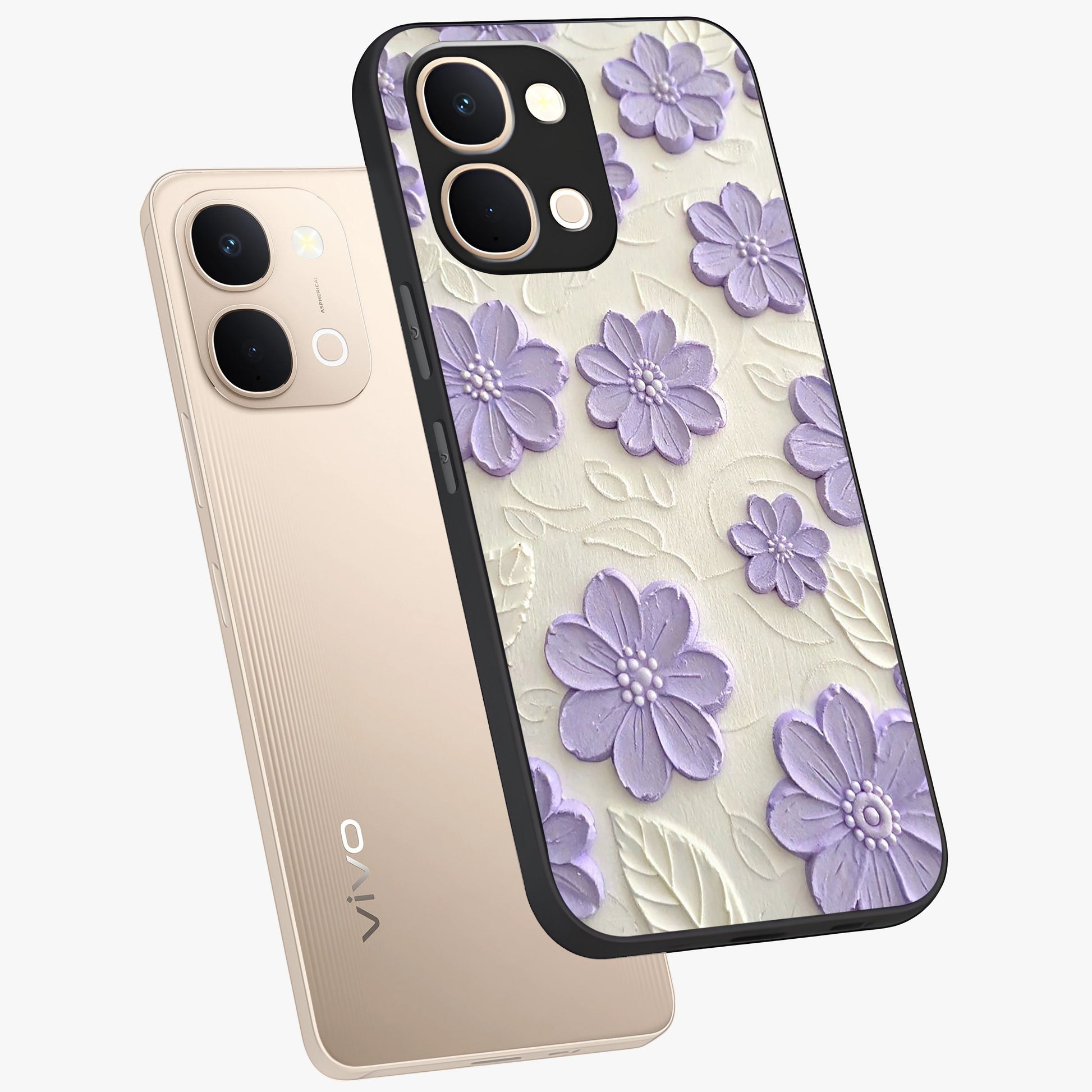Floral Wall Art With Purple Flowers Glass Case displayed in angled mockup highlighting vibrant purple floral illustration with artistic aesthetic.