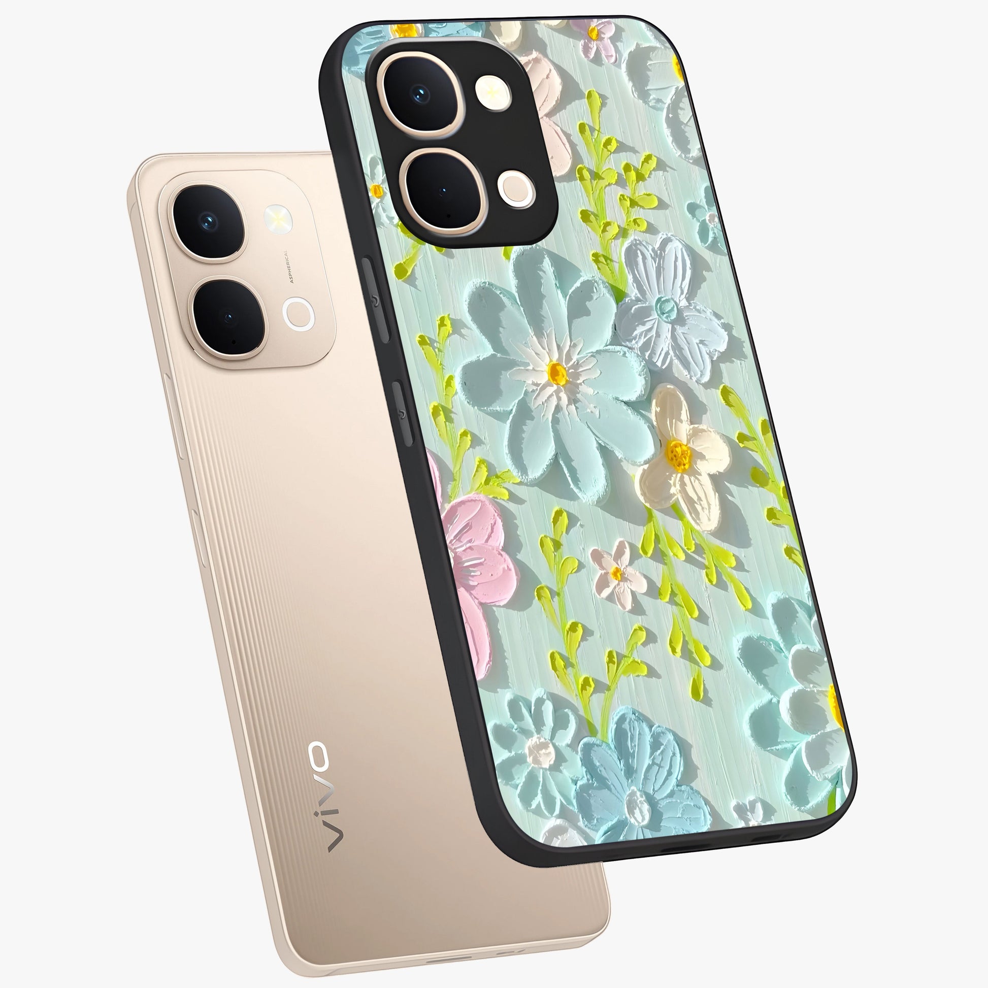 Frosted Petal Garden Glass Case displayed in angled mockup highlighting delicate flower petal design with calm garden aesthetic.