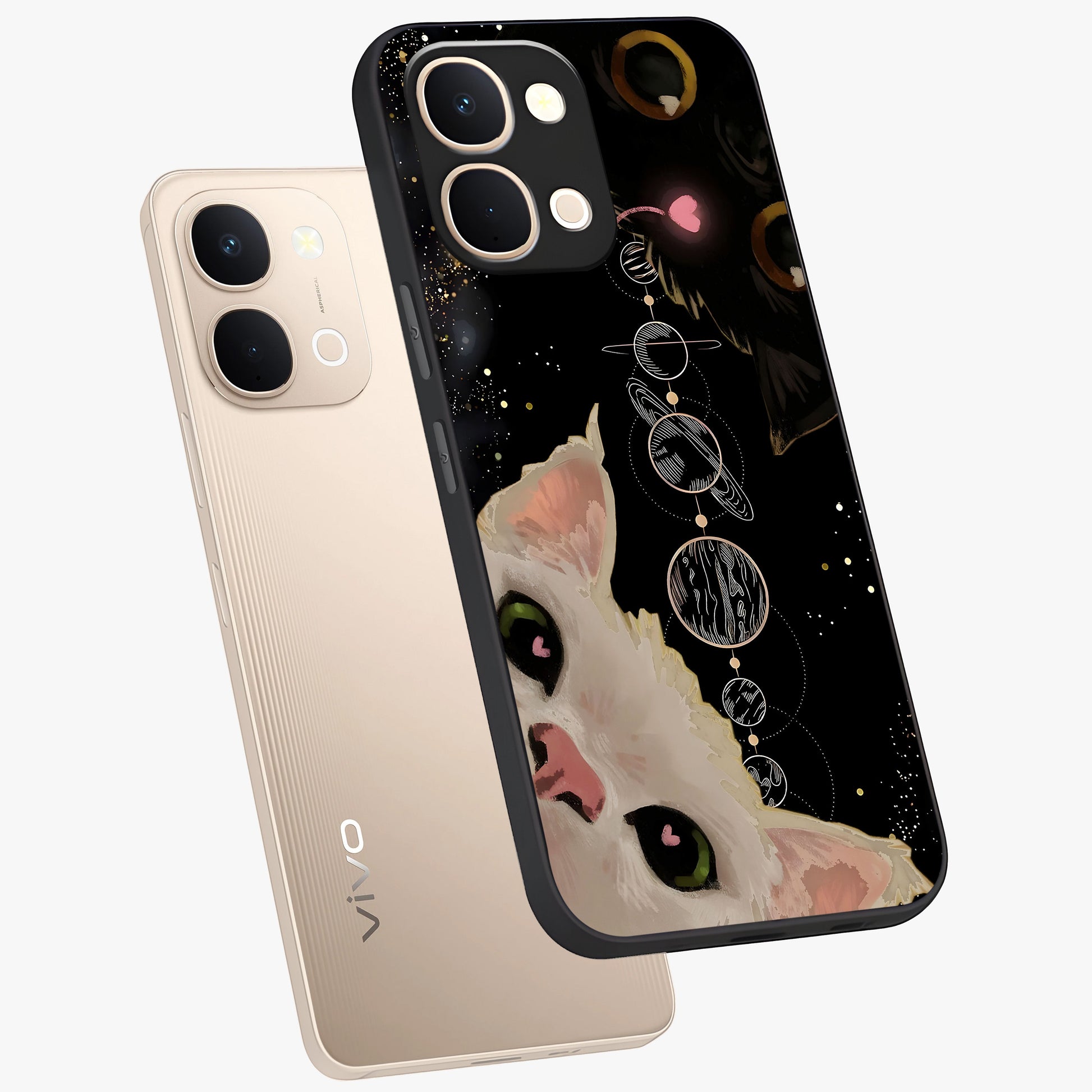 Galactic Cat Glass Case displayed in angled mockup highlighting celestial feline illustration with galaxy aesthetic style.