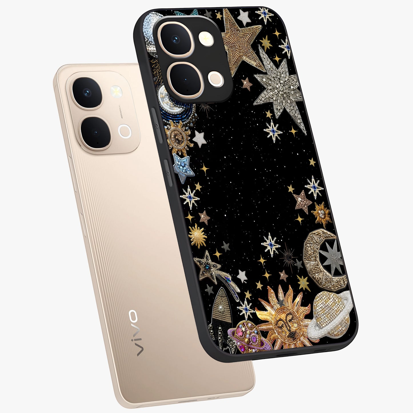 Galactic Jewel Stars Glass Case displayed in angled mockup highlighting shining celestial star design with cosmic aesthetic style.