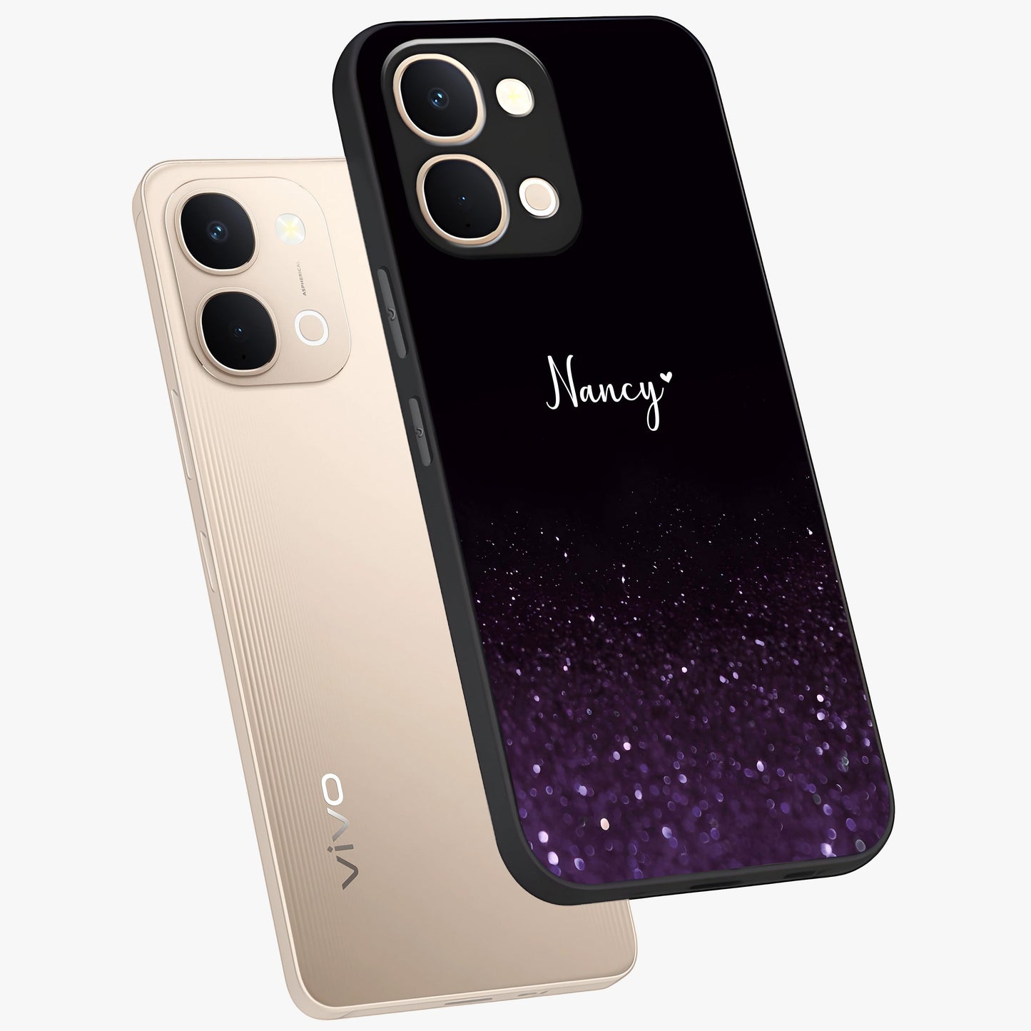 Glittery Purple Bokeh Custom Name Glass Case displayed in angled mockup highlighting glitter bokeh pattern with custom name feature.